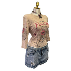 90s Vintage Aux Fleur Beige Pink Sequin Top [L]