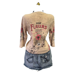 90s Vintage Aux Fleur Beige Pink Sequin Top [L]