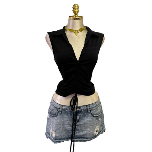 90s Vintage Black Ruched V-neck Top [L]