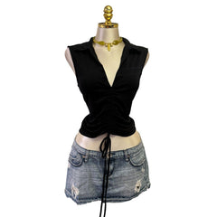 90s Vintage Black Ruched V-neck Top [L]