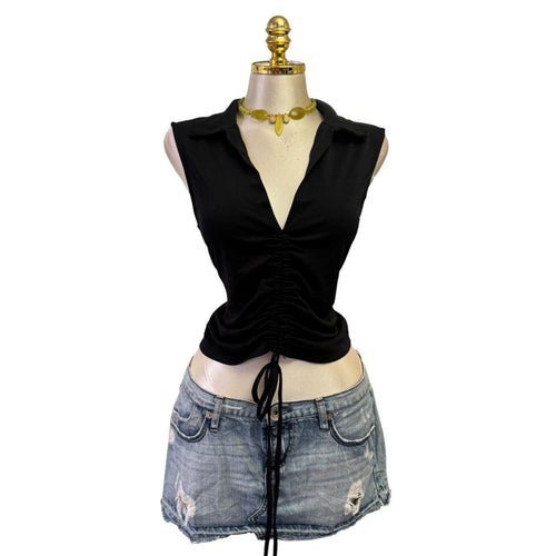 90s Vintage Black Ruched V-neck Top [L]