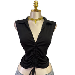 90s Vintage Black Ruched V-neck Top [L]