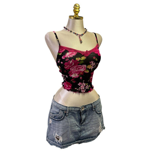 90s Vintage Black Lace Lingerie Ribbon Bra Top  [XS]
