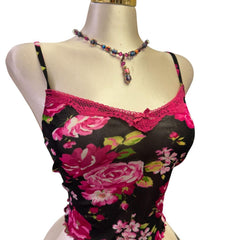 90s Vintage Black Lace Lingerie Ribbon Bra Top  [XS]