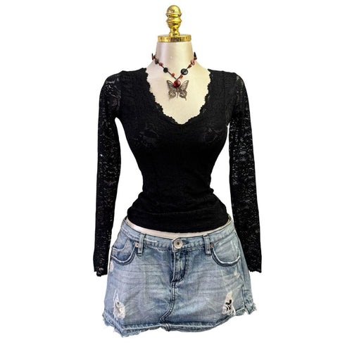 Y2K Vintage Black Lace Floral Long Sleeve Top [S]