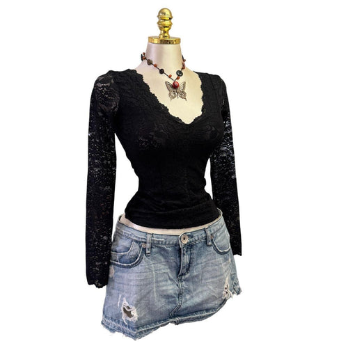 Y2K Vintage Black Lace Floral Long Sleeve Top [S]