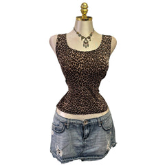 90s Vintage Black Beige Leopard Slinky Top [XL]