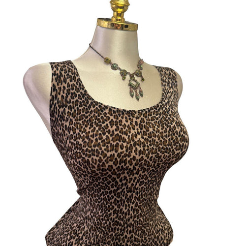 90s Vintage Black Beige Leopard Slinky Top [XL]