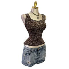 90s Vintage Black Beige Leopard Slinky Top [XL]