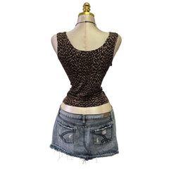 90s Vintage Black Beige Leopard Slinky Top [XL]