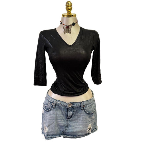 90s Vintage Black Shiny Snake Skin Top [S]