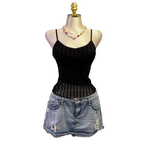 Y2K Vintage Desigual Red Black Beaded Sequin Asymmetrical Neck Top [S]