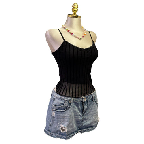 90s Vintage Stradivarius Black Velvet Stripes Mesh Made In Turkey Tank Top  [XS]