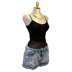 90s Vintage Stradivarius Black Velvet Stripes Mesh Made In Turkey Tank Top  [XS]