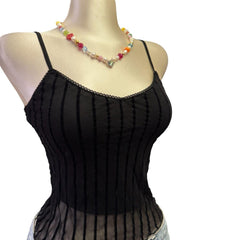 90s Vintage Stradivarius Black Velvet Stripes Mesh Made In Turkey Tank Top  [XS]