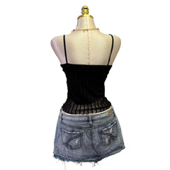 90s Vintage Stradivarius Black Velvet Stripes Mesh Made In Turkey Tank Top  [XS]