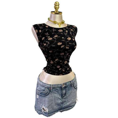 Y2K Vintage Dion Tank Black Ivory Floral Top [S]