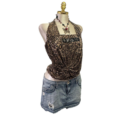 Y2K Vintage Brown Leopard Sequins Top [L]