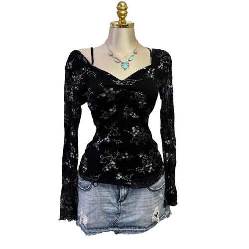 90s Vintage Black Gray Glitter Floral Top [L]