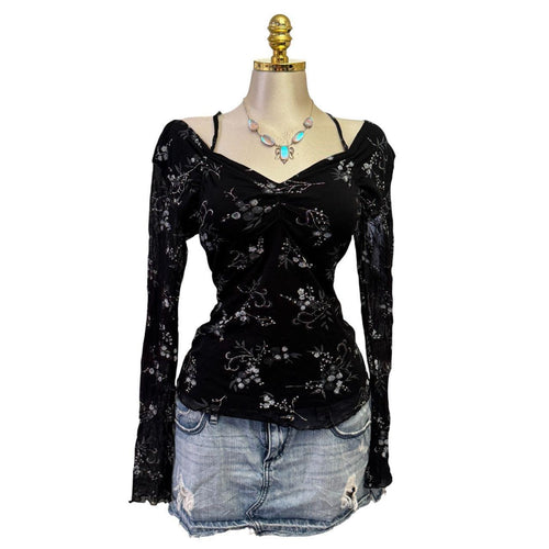 90s Vintage Black Gray Glitter Floral Top [L]