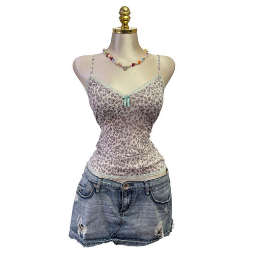 Y2K Vintage Leopard Gray Light Blue Lace Trim Top [M]