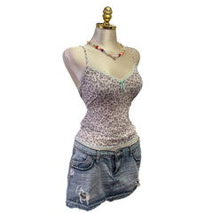 Y2K Vintage Leopard Gray Light Blue Lace Trim Top [M]
