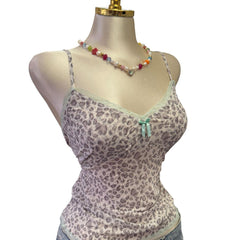 Y2K Vintage Leopard Gray Light Blue Lace Trim Top [M]