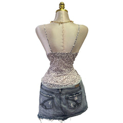 Y2K Vintage Leopard Gray Light Blue Lace Trim Top [M]