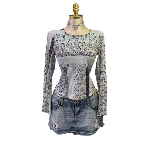 Y2K Vintage Blue Floral Lace Long Sleeve Top [M]