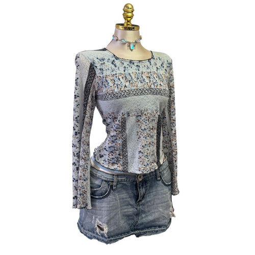 Y2K Vintage Blue Floral Lace Long Sleeve Top [M]