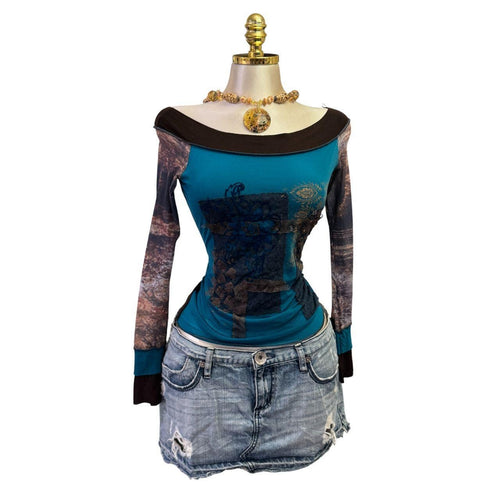 Y2K Vintage Blue Aqua Blue Brown Mesh Off Shoulder Top  [S]