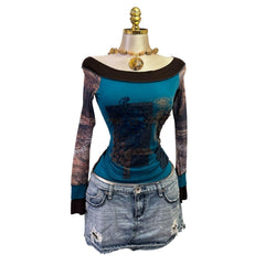 Y2K Vintage Blue Aqua Blue Brown Mesh Off Shoulder Top  [S]