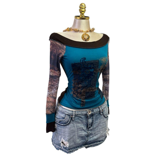Y2K Vintage Blue Aqua Blue Brown Mesh Off Shoulder Top  [S]