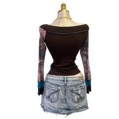 Y2K Vintage Blue Aqua Blue Brown Mesh Off Shoulder Top  [S]
