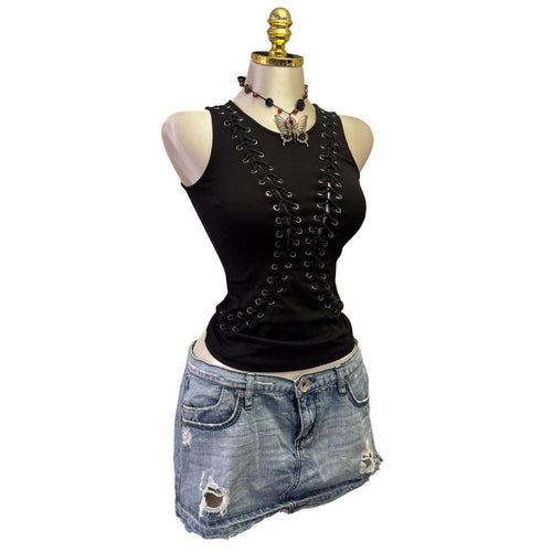 90s Vintage Black Lace Up Front Top [XS]