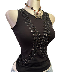 90s Vintage Black Lace Up Front Top [XS]
