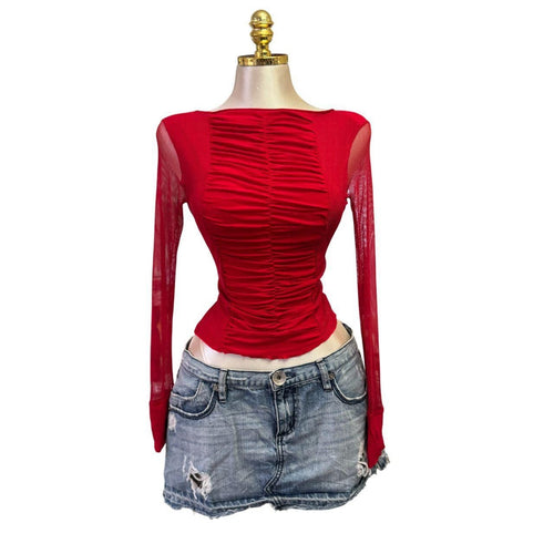 Y2K Vintage Red Mesh Ruched Top [S]