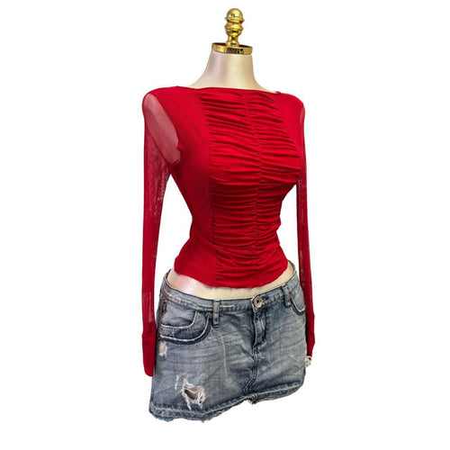 Y2K Vintage Red Mesh Ruched Top [S]