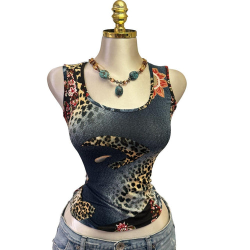 Y2K Vintage Blue Red Multi Print Paisley Tank Top [S]