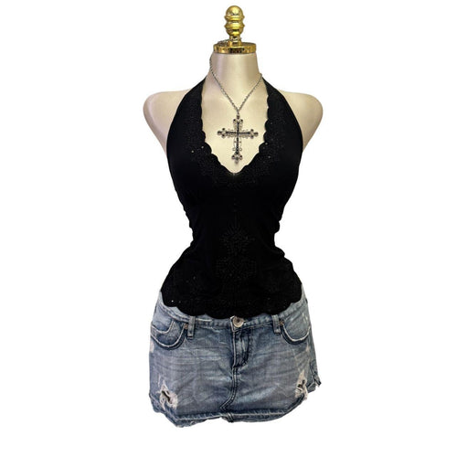 Y2K Vintage Black Sequin Halter Scalloped Top [S]