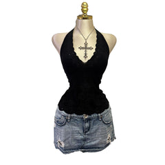 Y2K Vintage Black Sequin Halter Scalloped Top [S]