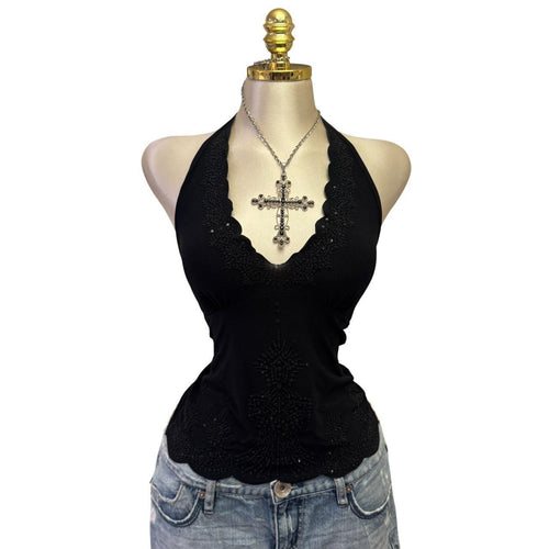 Y2K Vintage Black Sequin Halter Scalloped Top [S]