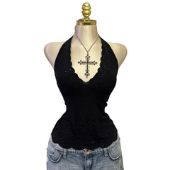 Y2K Vintage Black Sequin Halter Scalloped Top [S]