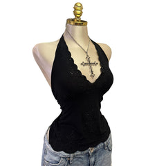 Y2K Vintage Black Sequin Halter Scalloped Top [S]