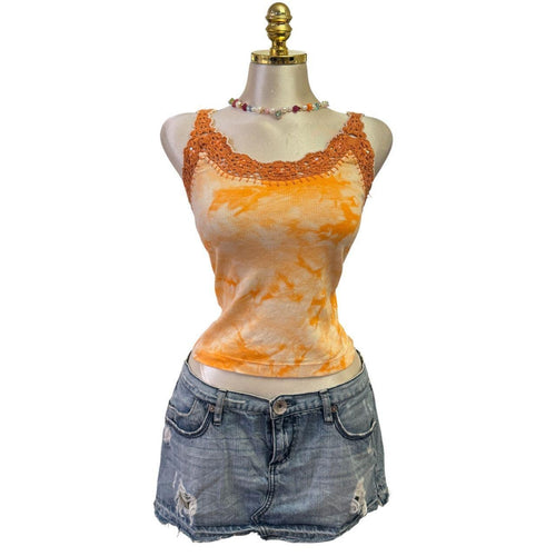 Y2K Vintage Orange Tie Dye Floral Beads Top  [M]