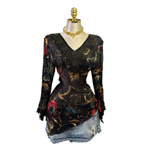 Y2K Vintage Black Multi-color Floral Beaded Top Butterfly Sleeve Top [L]