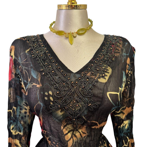 Y2K Vintage Black Multi-color Floral Beaded Top Butterfly Sleeve Top [L]