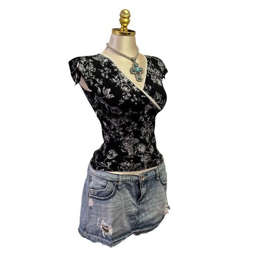90s Vintage Black White Floral Tie Back Top  [S]