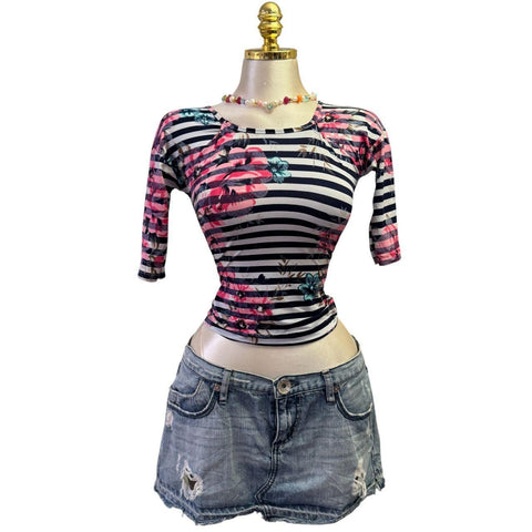 Y2K Vintage Desigual Red Black Beaded Sequin Asymmetrical Neck Top [S]