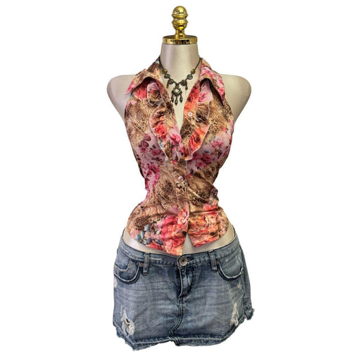 90s Vintage Pink Brown Floral Halter Top [M]